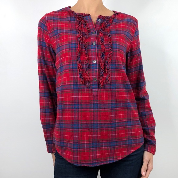 Lands' End Tops - SOLD Lands End Red Tartan Plaid Flannel Ruffle Shirt